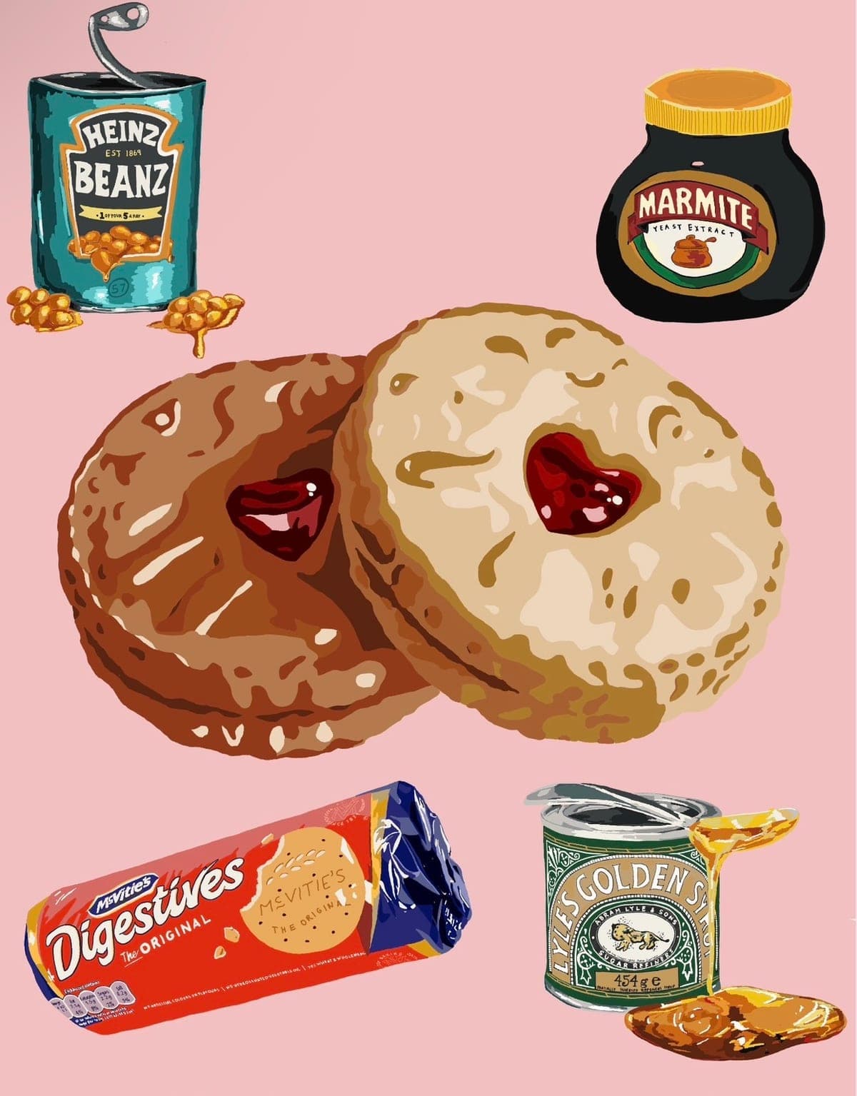 Illustration of a jammie dodger biscuit surrounded by a tin of baked beans, a jar of Marmite, a packet of digestives and a tin of golden syrup on a dusty pink background