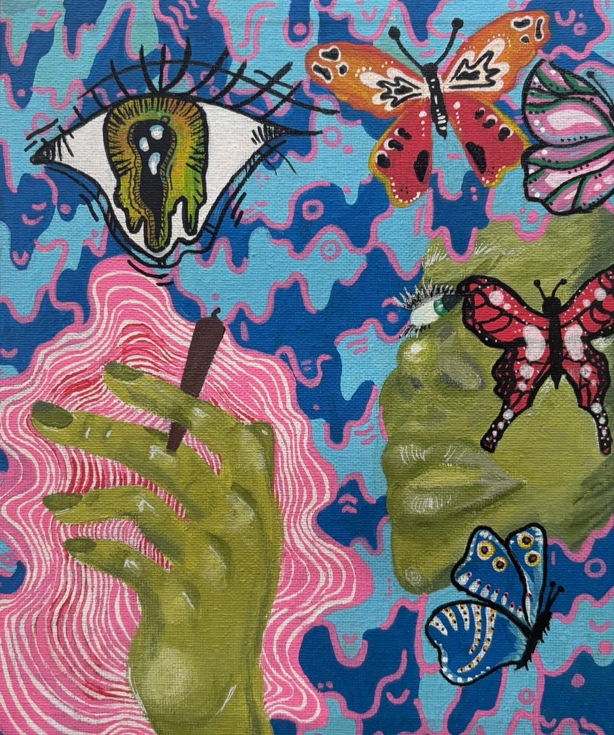Vivid acrylic painting of a green hand holding a cigarette, an eye, and butterflies against a swirling blue and pink pattern